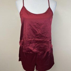Burgundy Red Satin Pajama Set M Racerback Tank Cami Shorts Silky